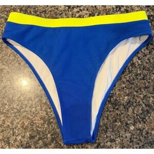 High Waisted Ribbed Bikini Bottoms Royal Blue Neon Yellow Colorblock Swimwear